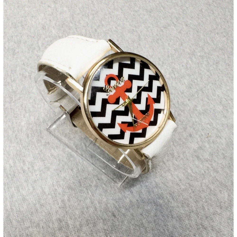 Geneva Platinum Watch Womens‎ Pink Anchor White Leather Band Nautical Chevron